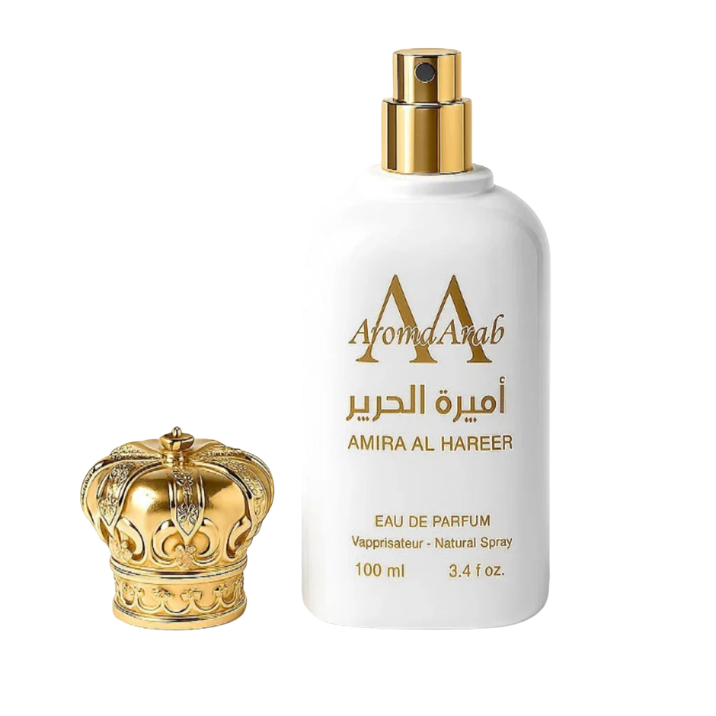 Perfume bottle with gold cap and decorative elements on a white background